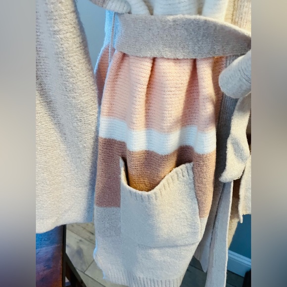 POEM & THREAD Long Cardigan Sweater Coat Open Front Belted Champagne Ivory/Pink - Picture 10 of 14